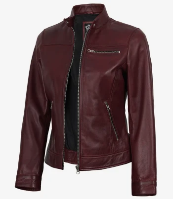 Womens burgundy waxed lambskin biker jacket