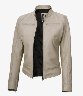 women beige biker leather jacket