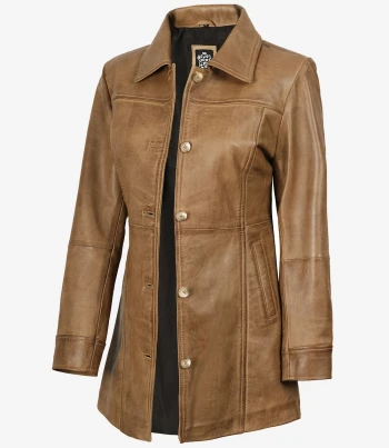 women camel brown leather coat