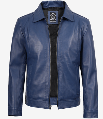 Blue Leather Jacket with Shirt Collar