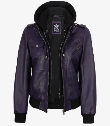 women purple leather jacket with hood