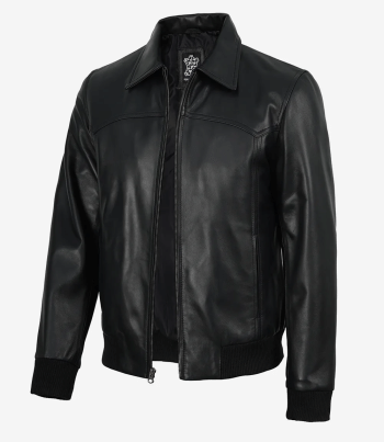 Black leather mens bomber jacket
