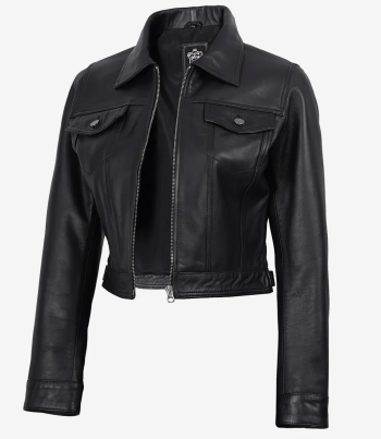 Black leather cropped trucker