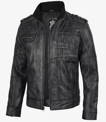 Mens fitted black leather biker jacket