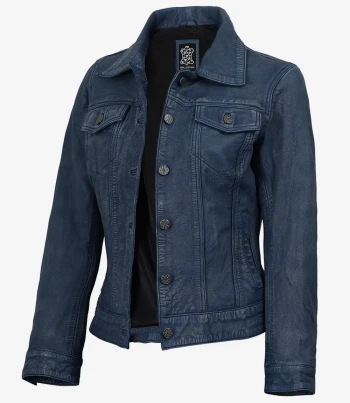 women washed blue leather jacket