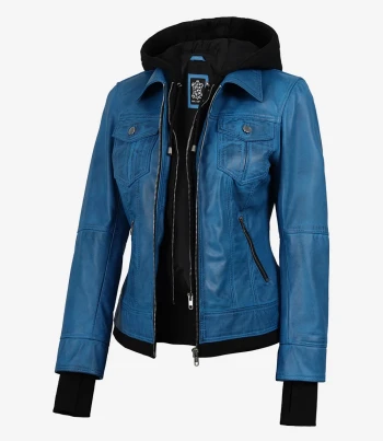 womens blue leather jacket with hood