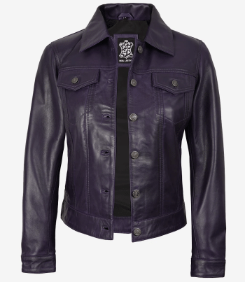 women purple leather trucker jacket