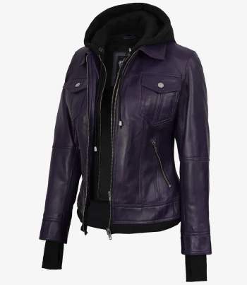 women purple leather jacket with hood