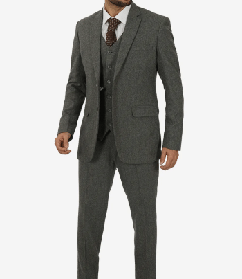 Two button gray gangster three piece suit roaring twenties mens