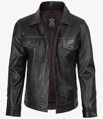 Brown leather outerwear distressed men