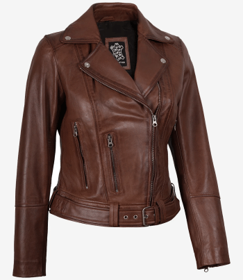 Womens stylish cognac biker jacket