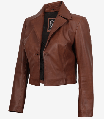 women cognac cropped leather jacket